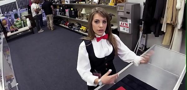  Petite pawnshop customer throatfucked for easy cash